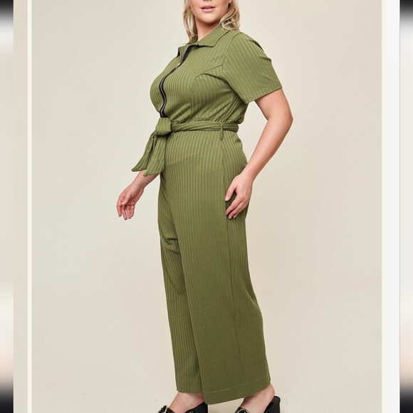 Green Belted Jumper One Piece Zip Front Ribbed Outfit 3X What Lo Wants - Picture 1 of 4